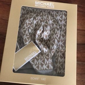 Grey + Tan -  Michael Kors Hat & Scarf Set